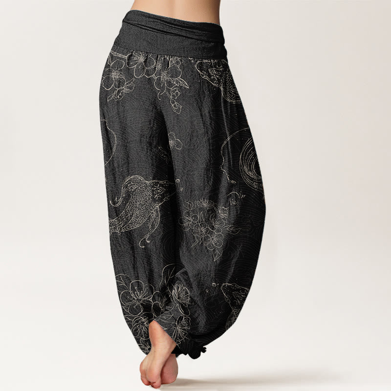 Pantalon Buddha Stones à taille élastique pour femme, motif floral de poissons koï, en pur coton, motif Buddha Stones - image 1
