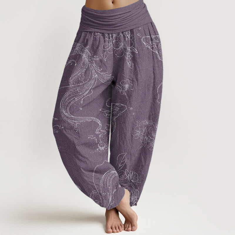 Pantalon Buddha Stones à taille élastique pour femme, motif floral de poissons koï, en pur coton, motif Buddha Stones - Violet moyen - US22，UK/AU26，EU54 (6XL) - image 5