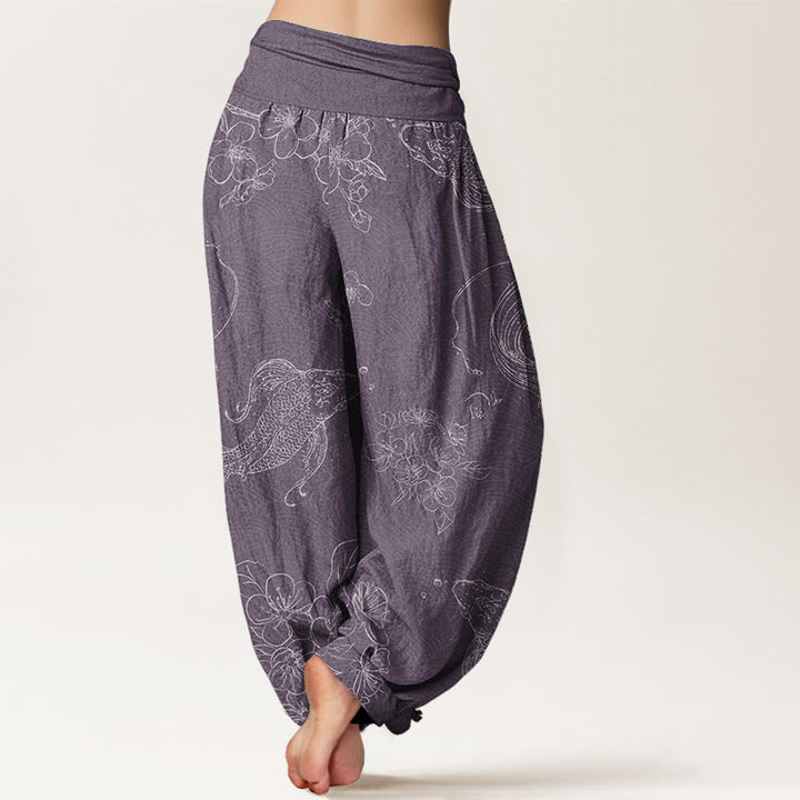 Pantalon Buddha Stones à taille élastique pour femme, motif floral de poissons koï, en pur coton, motif Buddha Stones