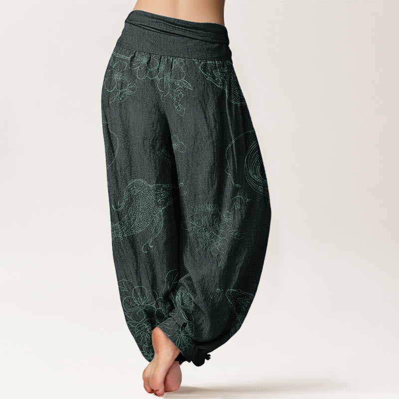 Pantalon Buddha Stones à taille élastique pour femme, motif floral de poissons koï, en pur coton, motif Buddha Stones