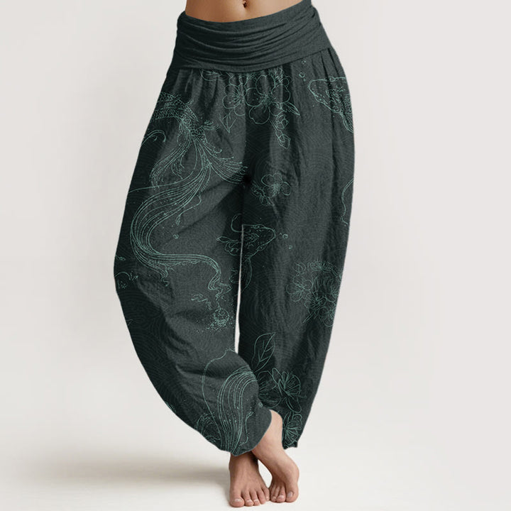 Pantalon Buddha Stones à taille élastique pour femme, motif floral de poissons koï, en pur coton, motif Buddha Stones