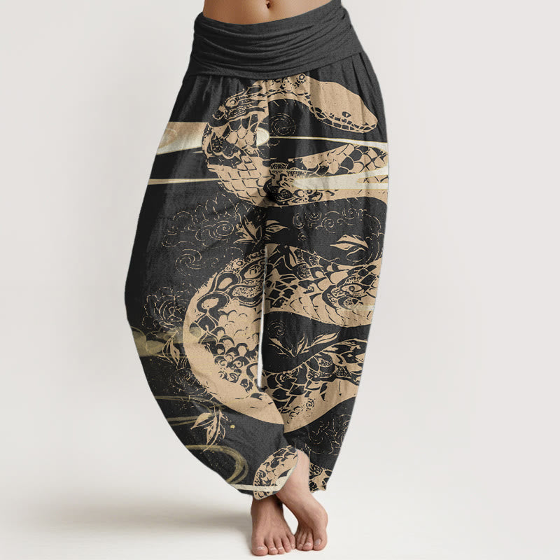 Pantalon sarouel taille élastique pour femme en pur coton avec motif serpent et Buddha Stones - Noir - US22，UK/AU26，EU54 (6XL) - image 0