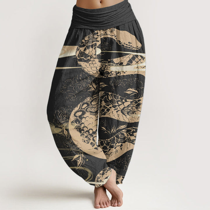 Pantalon sarouel taille élastique pour femme en pur coton avec motif serpent et Buddha Stones