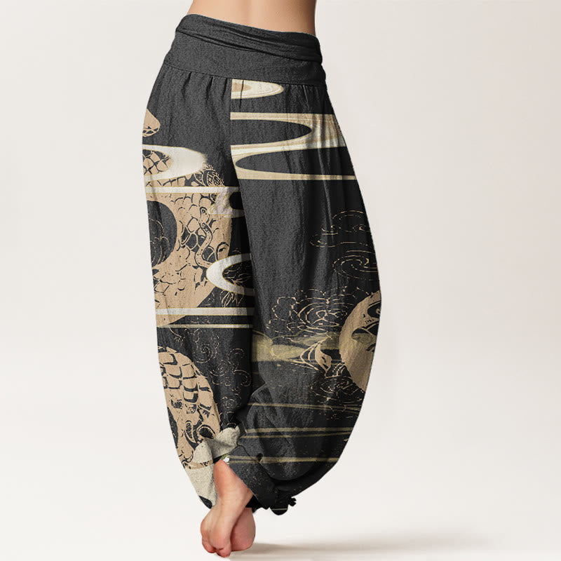 Pantalon sarouel taille élastique pour femme en pur coton avec motif serpent et Buddha Stones