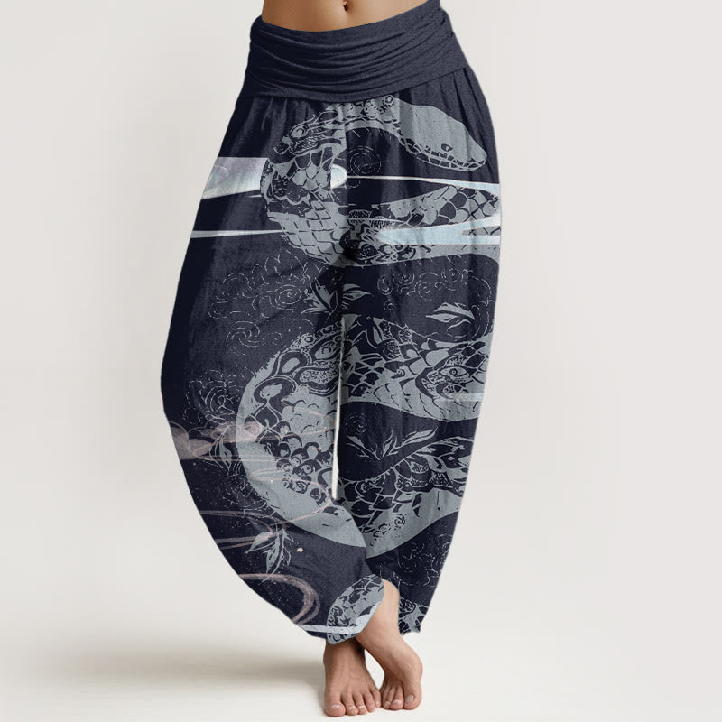 Pantalon sarouel taille élastique pour femme en pur coton avec motif serpent et Buddha Stones