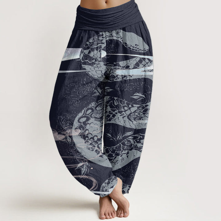 Pantalon sarouel taille élastique pour femme en pur coton avec motif serpent et Buddha Stones