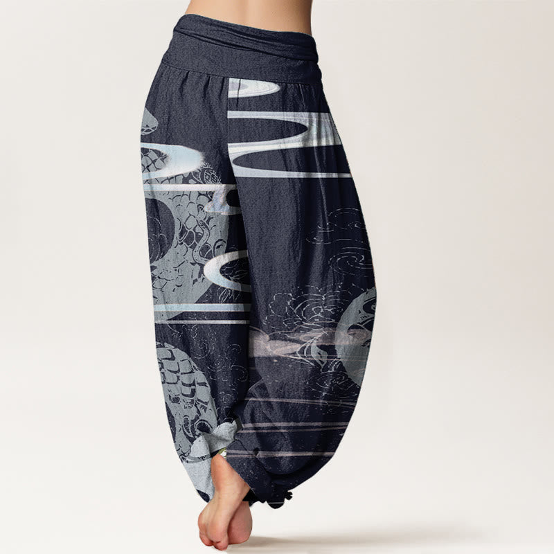 Pantalon sarouel taille élastique pour femme en pur coton avec motif serpent et Buddha Stones