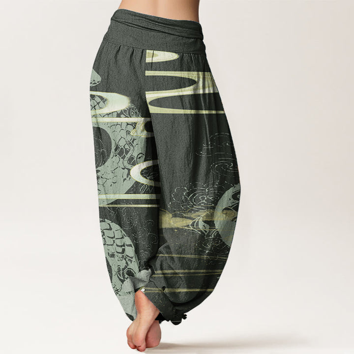 Pantalon sarouel taille élastique pour femme en pur coton avec motif serpent et Buddha Stones