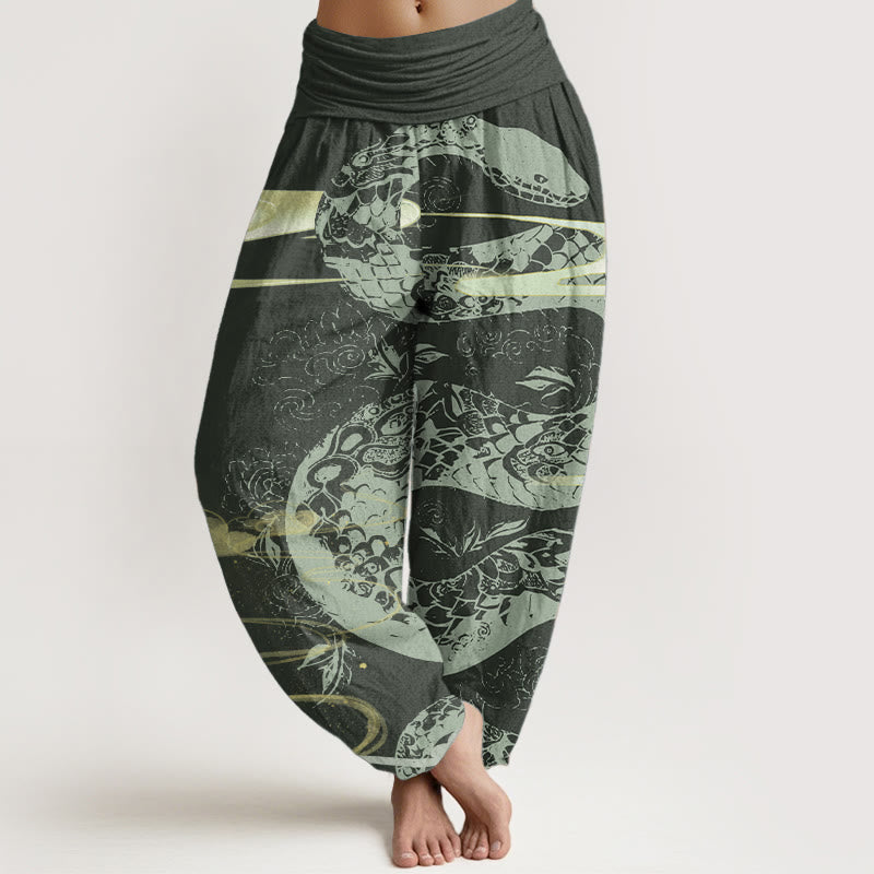 Pantalon sarouel taille élastique pour femme en pur coton avec motif serpent et Buddha Stones