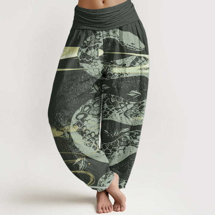 Pantalon sarouel taille élastique pour femme en pur coton avec motif serpent et Buddha Stones