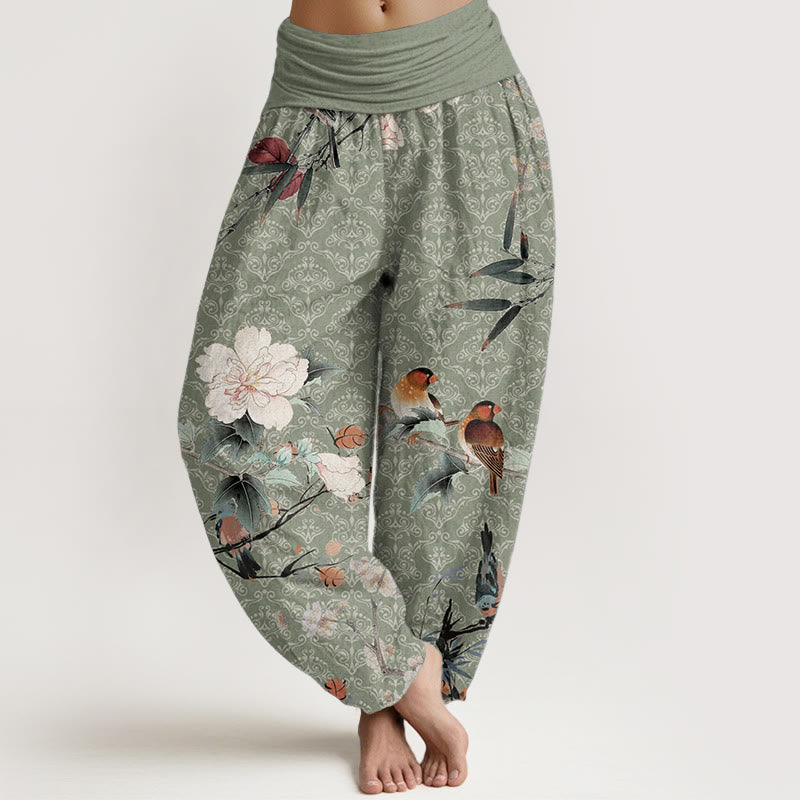 Pantalon sarouel en pur coton avec motif mandala et Buddha Stones , motif oiseau, fleur, branches, taille élastique - Vert clair - US22，UK/AU26，EU54 (6XL) - image 0