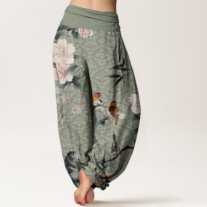 Pantalon sarouel en pur coton avec motif mandala et Buddha Stones , motif oiseau, fleur, branches, taille élastique