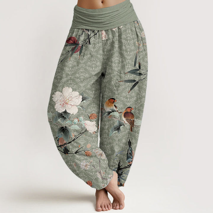 Pantalon sarouel en pur coton avec motif mandala et Buddha Stones , motif oiseau, fleur, branches, taille élastique