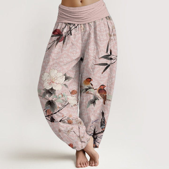 Pantalon sarouel en pur coton avec motif mandala et Buddha Stones , motif oiseau, fleur, branches, taille élastique