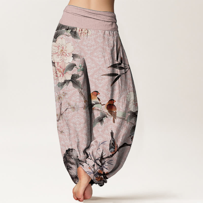 Pantalon sarouel en pur coton avec motif mandala et Buddha Stones , motif oiseau, fleur, branches, taille élastique