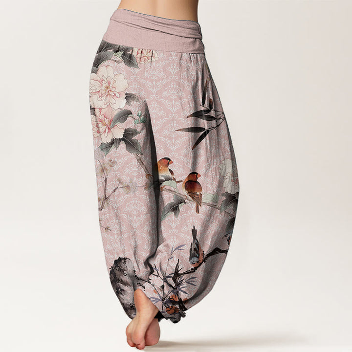 Pantalon sarouel en pur coton avec motif mandala et Buddha Stones , motif oiseau, fleur, branches, taille élastique