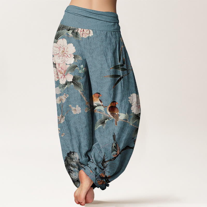 Pantalon sarouel en pur coton avec motif mandala et Buddha Stones , motif oiseau, fleur, branches, taille élastique