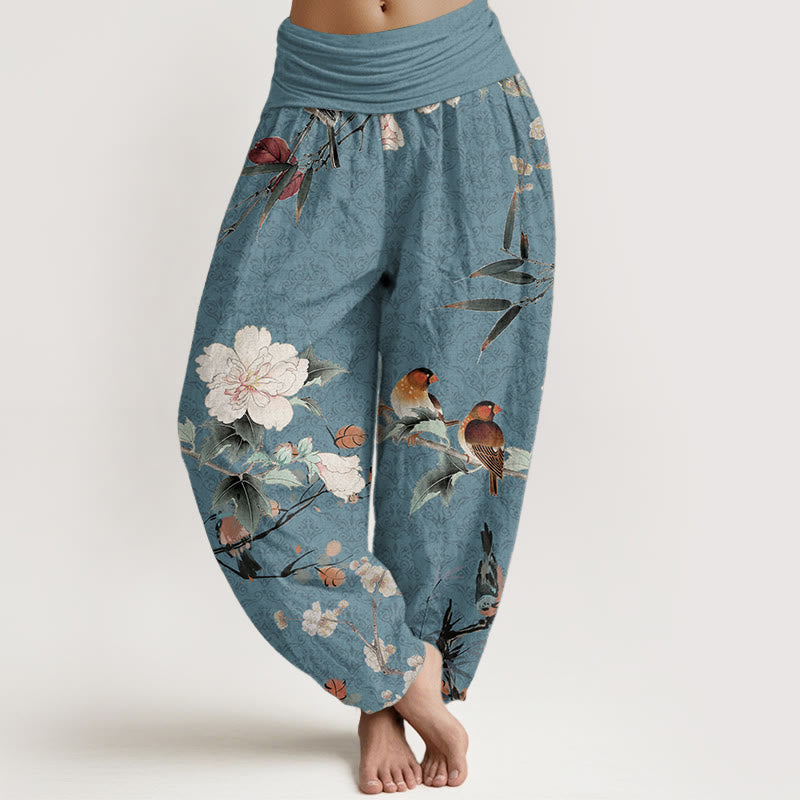 Pantalon sarouel en pur coton avec motif mandala et Buddha Stones , motif oiseau, fleur, branches, taille élastique
