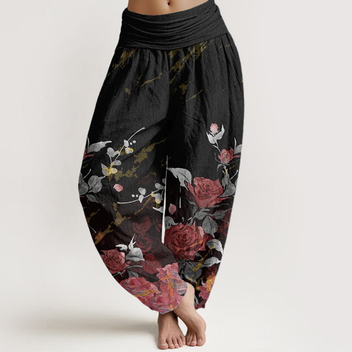 Pantalon sarouel taille élastique en pur coton avec motif de roses en fleurs et Buddha Stones pour femme