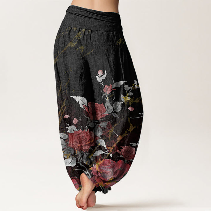 Pantalon sarouel taille élastique en pur coton avec motif de roses en fleurs et Buddha Stones pour femme