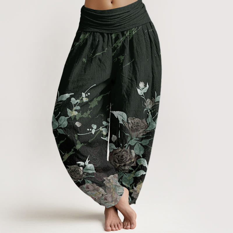 Pantalon sarouel taille élastique en pur coton avec motif de roses en fleurs et Buddha Stones pour femme