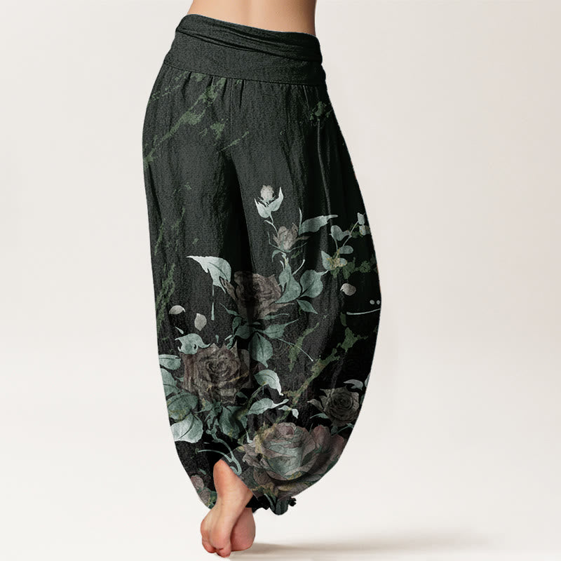Pantalon sarouel taille élastique en pur coton avec motif de roses en fleurs et Buddha Stones pour femme