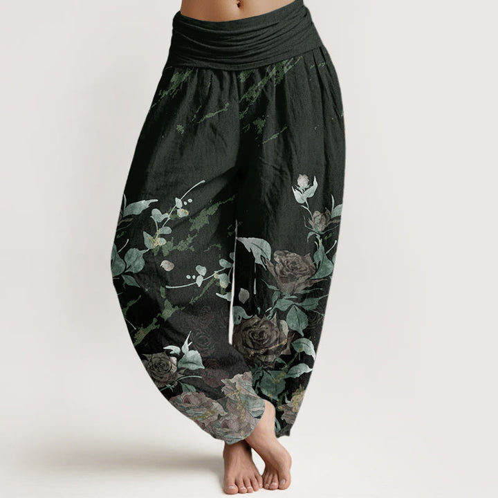 Pantalon sarouel taille élastique en pur coton avec motif de roses en fleurs et Buddha Stones pour femme - Vert foncé - US22，UK/AU26，EU54 (6XL) - image 8