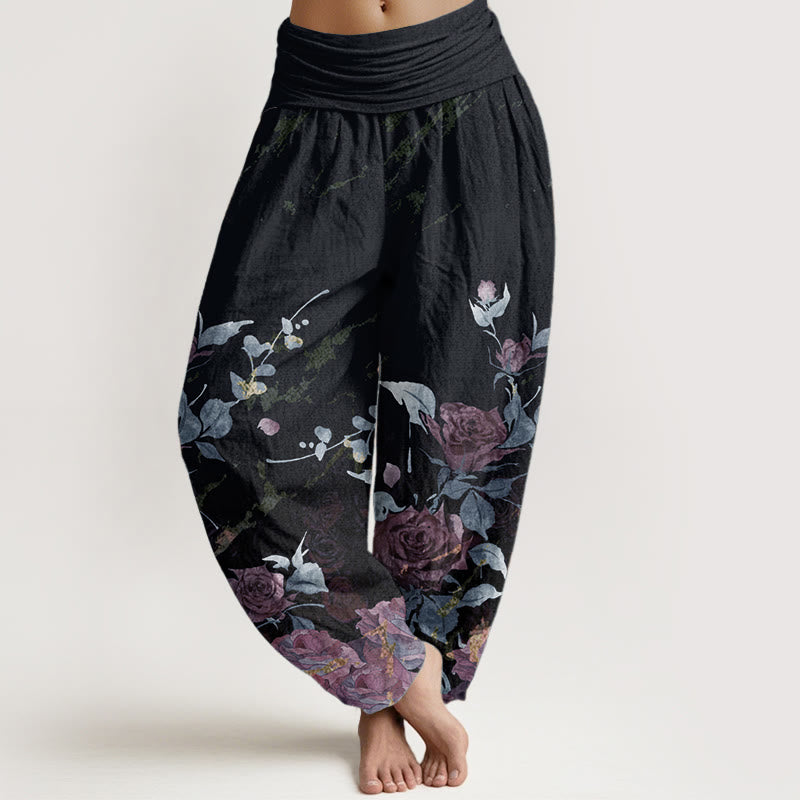 Pantalon sarouel taille élastique en pur coton avec motif de roses en fleurs et Buddha Stones pour femme