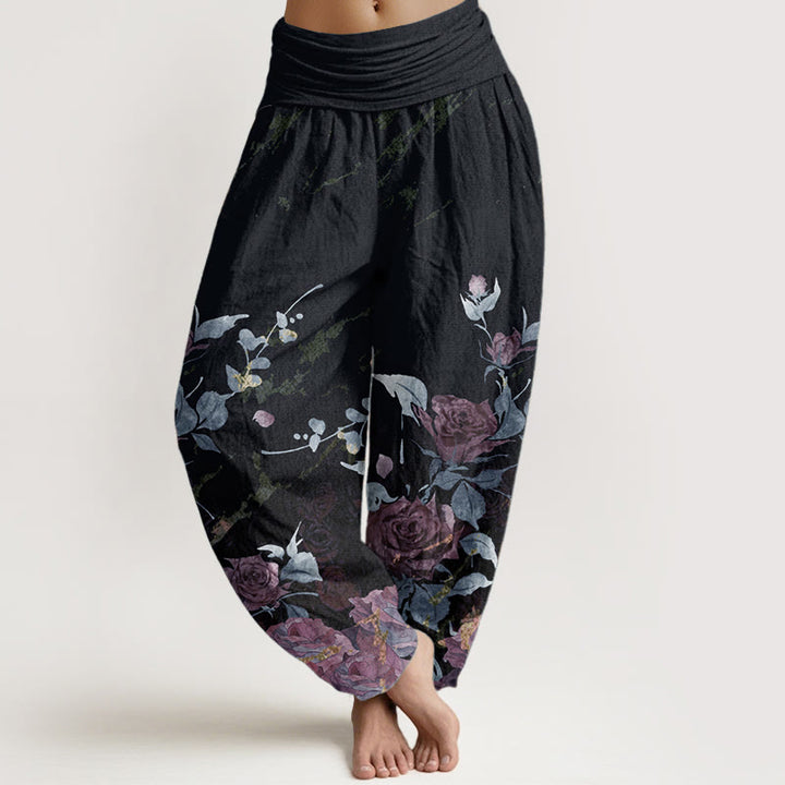 Pantalon sarouel taille élastique en pur coton avec motif de roses en fleurs et Buddha Stones pour femme