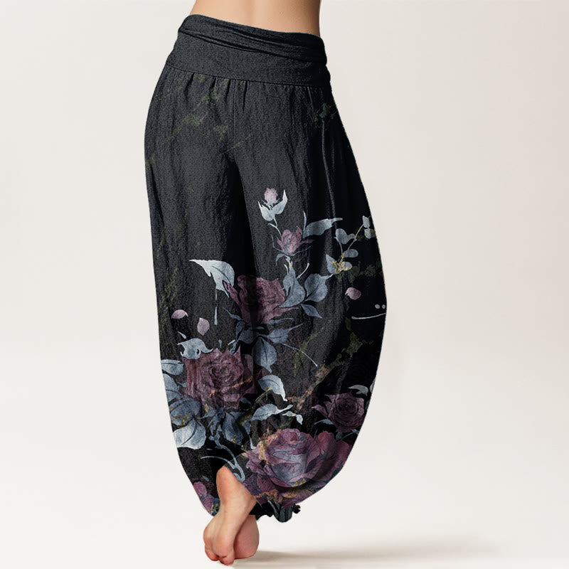 Pantalon sarouel taille élastique en pur coton avec motif de roses en fleurs et Buddha Stones pour femme