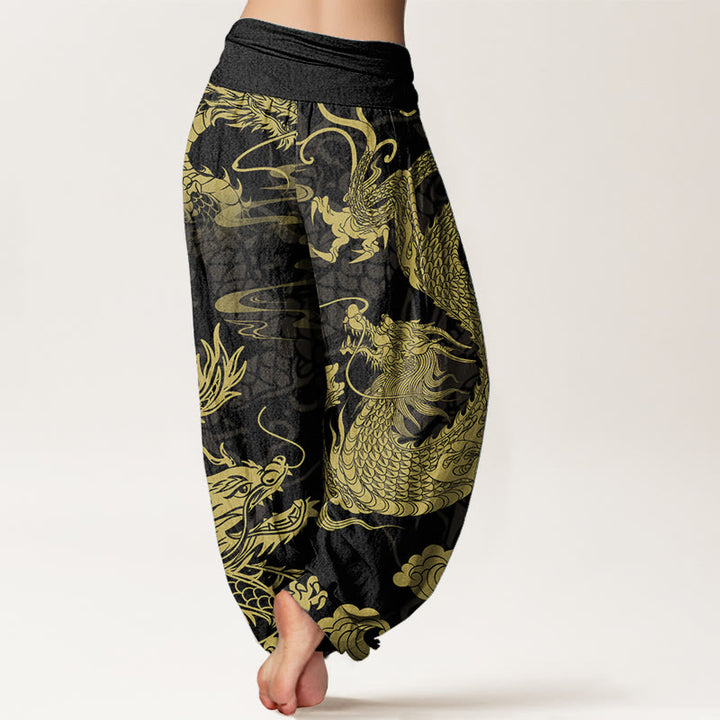Pantalon sarouel taille élastique pour femme, Buddha Stones, pur coton, motif dragon et nuages de bon augure