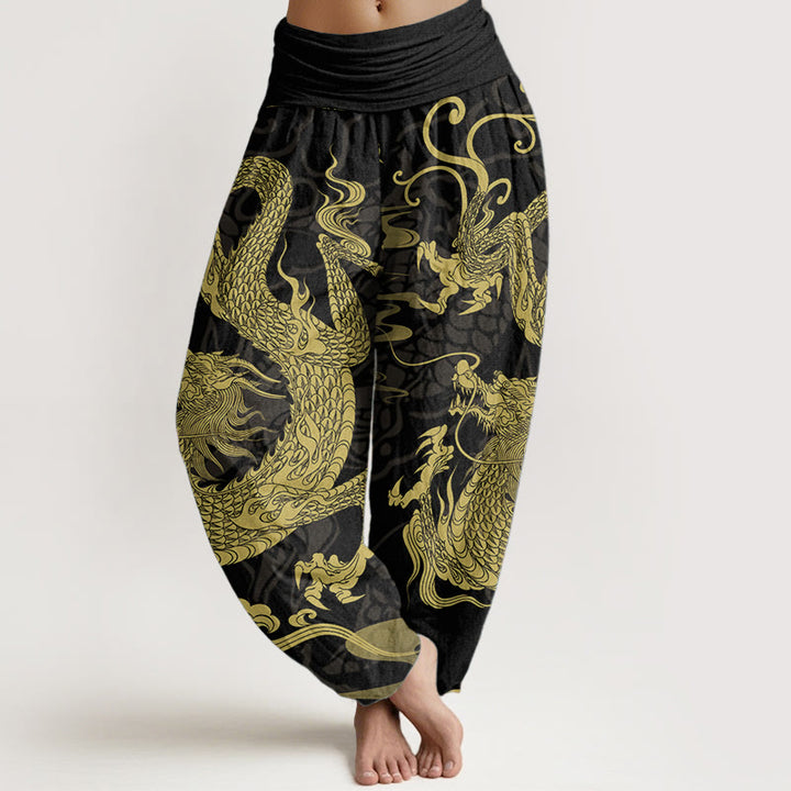 Pantalon sarouel taille élastique pour femme, Buddha Stones, pur coton, motif dragon et nuages ​​de bon augure - Noir - US22，UK/AU26，EU54 (6XL) - image 0