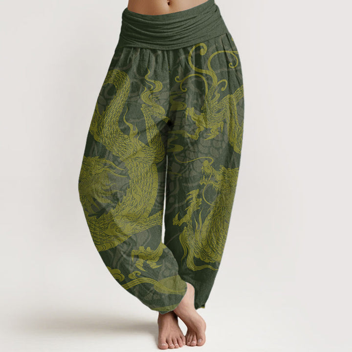 Pantalon sarouel taille élastique pour femme, Buddha Stones, pur coton, motif dragon et nuages de bon augure