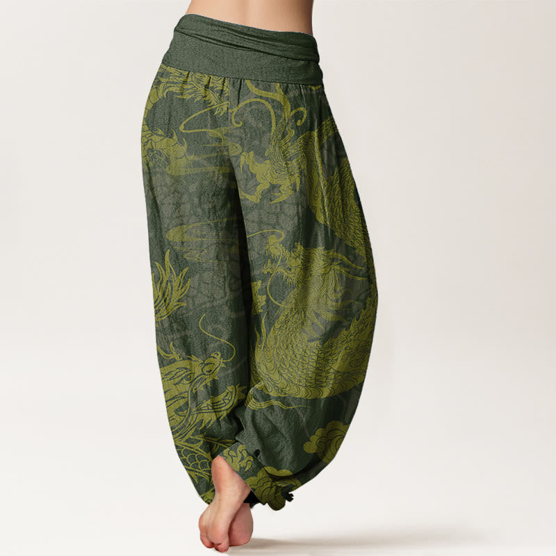 Pantalon sarouel taille élastique pour femme, Buddha Stones, pur coton, motif dragon et nuages de bon augure