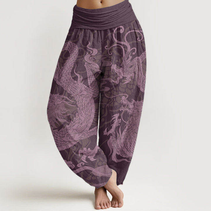 Pantalon sarouel taille élastique pour femme, Buddha Stones, pur coton, motif dragon et nuages de bon augure