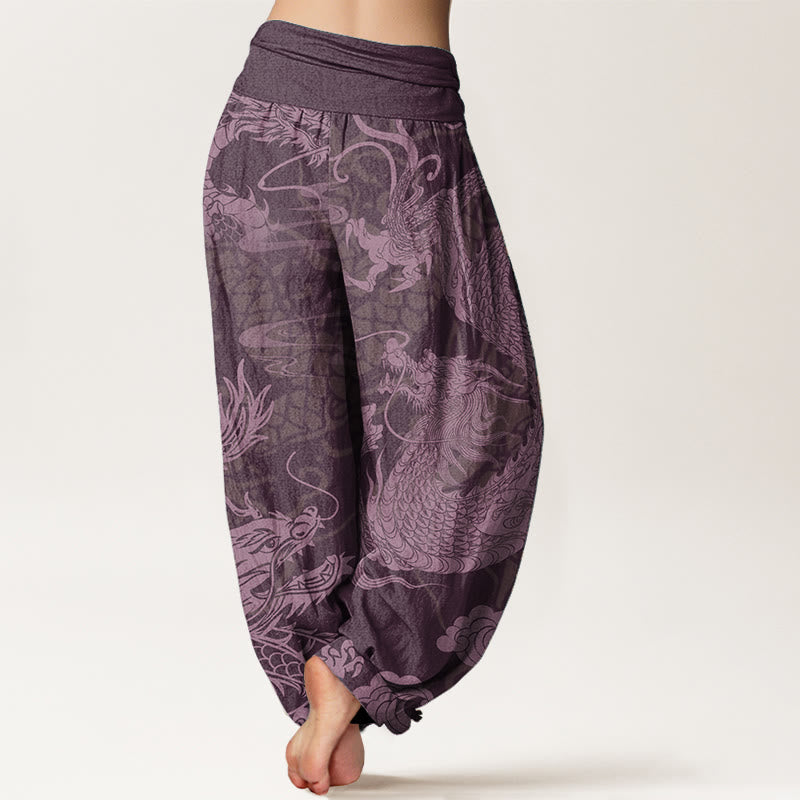 Pantalon sarouel taille élastique pour femme, Buddha Stones, pur coton, motif dragon et nuages de bon augure