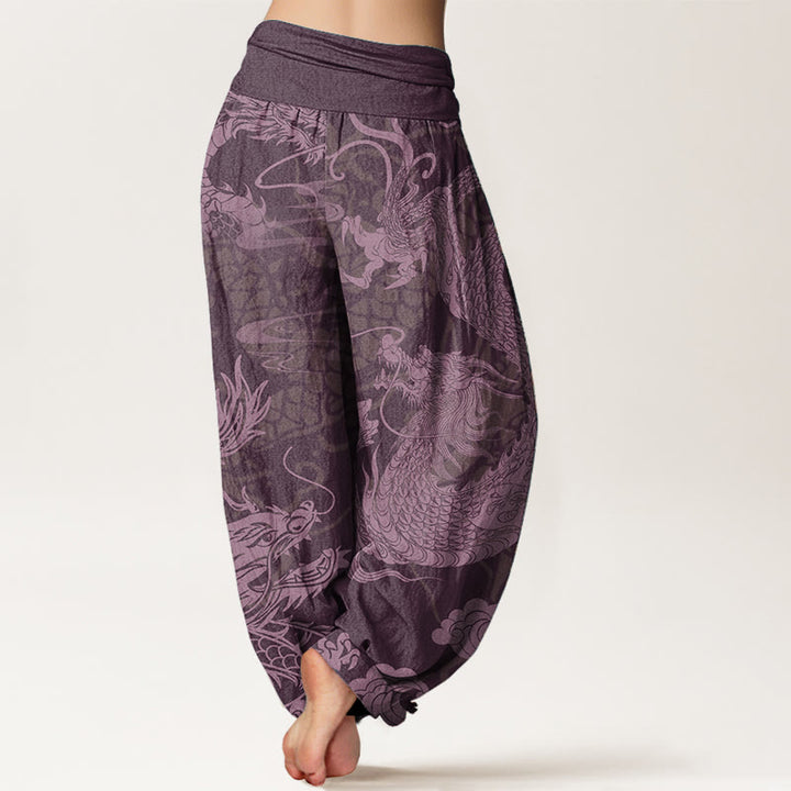 Pantalon sarouel taille élastique pour femme, Buddha Stones, pur coton, motif dragon et nuages de bon augure