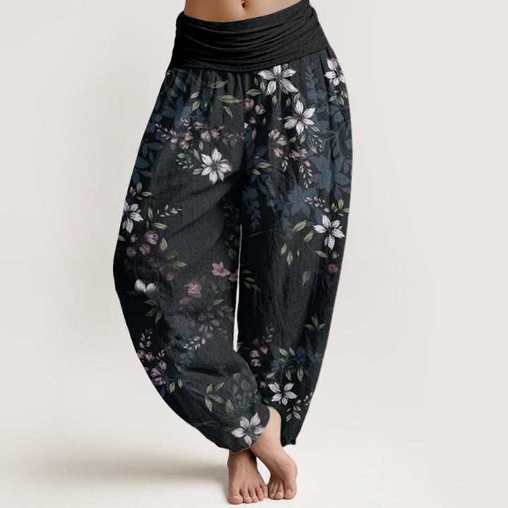 Pantalon sarouel taille élastique pour femme, motif Buddha Stones, pur coton, petites fleurs blanches, feuilles vertes - Noir - US22，UK/AU26，EU54 (6XL) - image 0