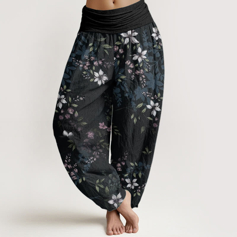 Pantalon sarouel taille élastique pour femme, motif Buddha Stones, pur coton, petites fleurs blanches, feuilles vertes - Noir - US22，UK/AU26，EU54 (6XL) - image 0