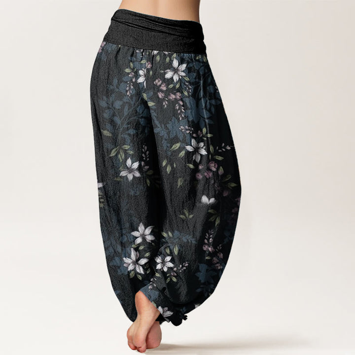 Pantalon sarouel taille élastique pour femme, motif Buddha Stones, pur coton, petites fleurs blanches, feuilles vertes