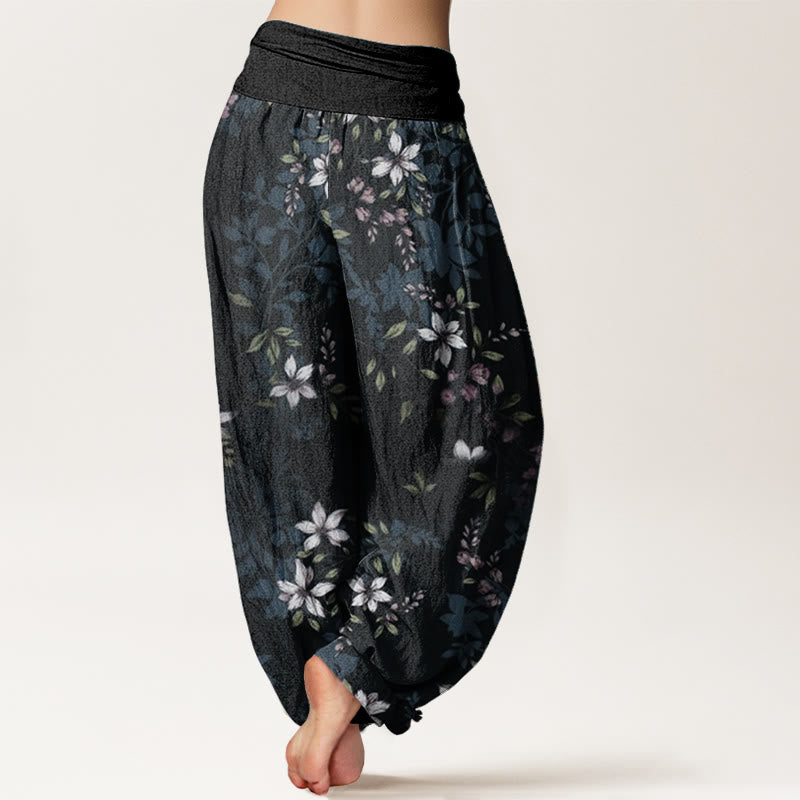 Pantalon sarouel taille élastique pour femme, motif Buddha Stones, pur coton, petites fleurs blanches, feuilles vertes - image 1