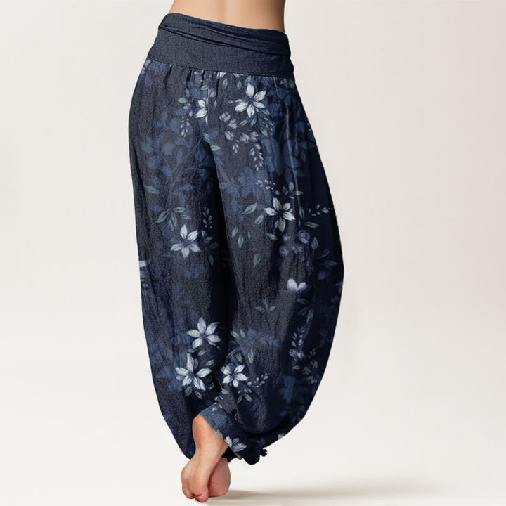 Pantalon sarouel taille élastique pour femme, motif Buddha Stones, pur coton, petites fleurs blanches, feuilles vertes