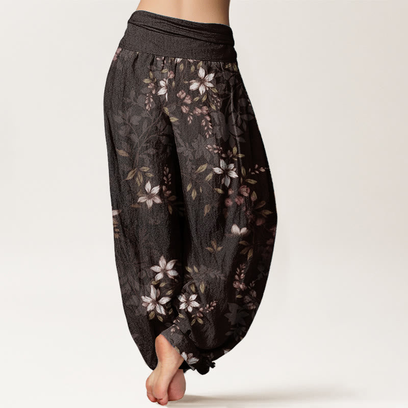 Pantalon sarouel taille élastique pour femme, motif Buddha Stones, pur coton, petites fleurs blanches, feuilles vertes - image 9