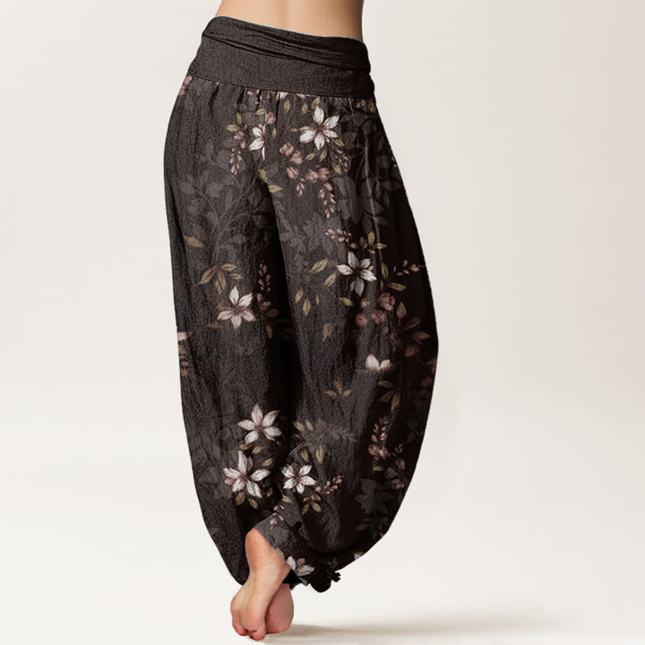 Pantalon sarouel taille élastique pour femme, motif Buddha Stones, pur coton, petites fleurs blanches, feuilles vertes