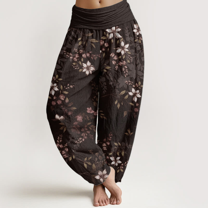 Pantalon sarouel taille élastique pour femme, motif Buddha Stones, pur coton, petites fleurs blanches, feuilles vertes