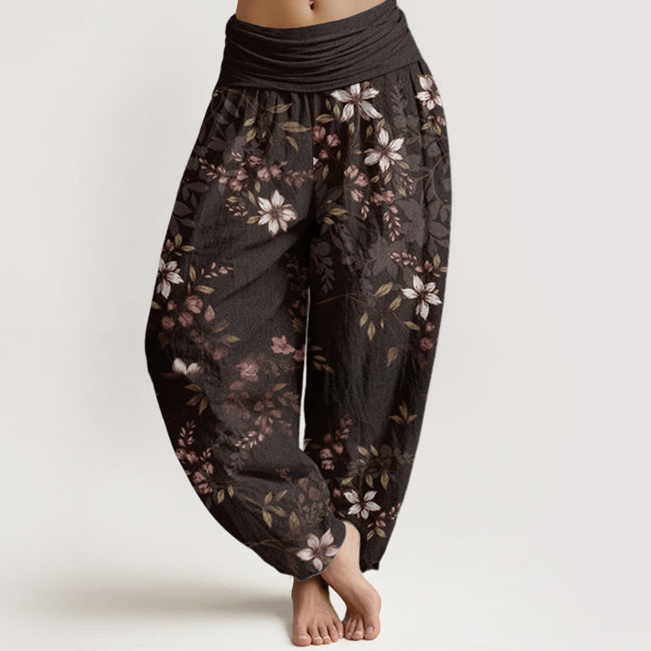 Pantalon sarouel taille élastique pour femme, motif Buddha Stones, pur coton, petites fleurs blanches, feuilles vertes