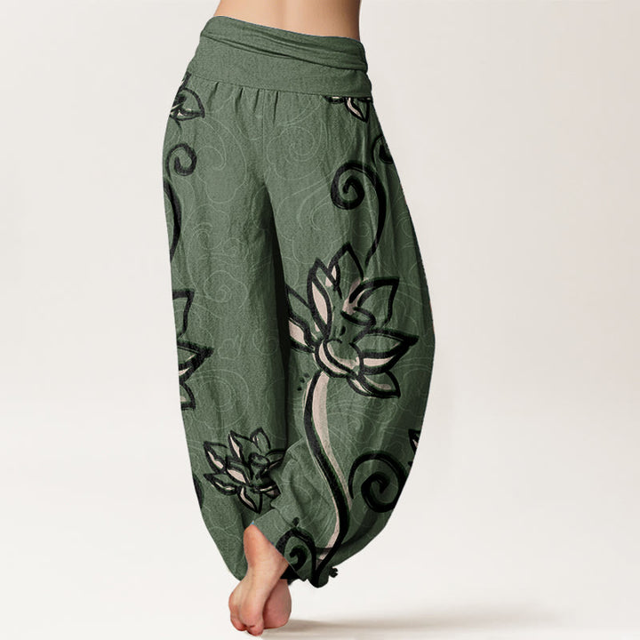Pantalon sarouel décontracté en pur coton avec Buddha Stones et nuages de bon augure pour femme, taille élastique