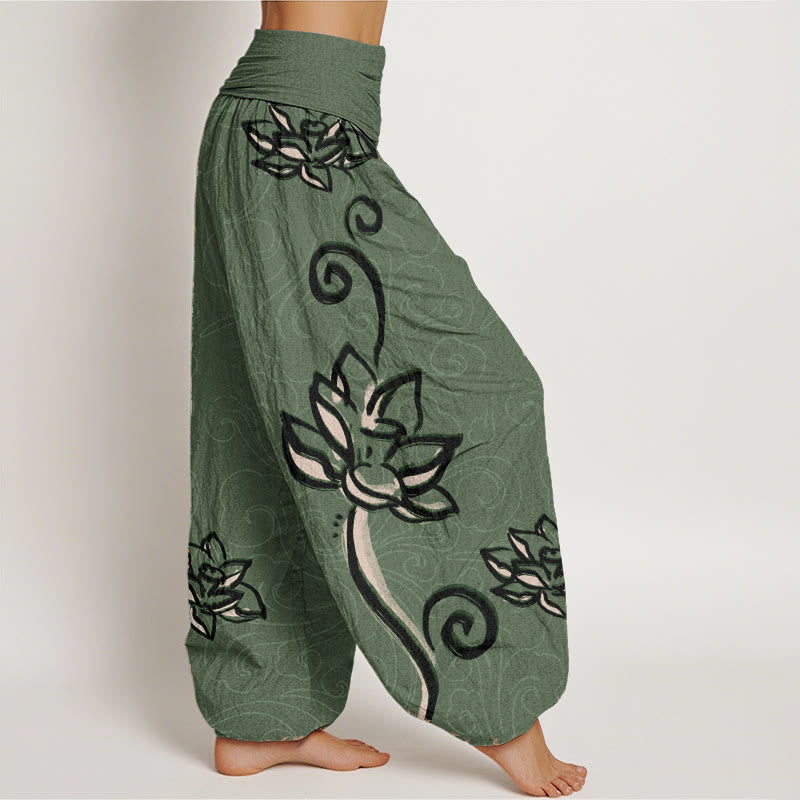 Pantalon sarouel décontracté en pur coton avec Buddha Stones et nuages de bon augure pour femme, taille élastique