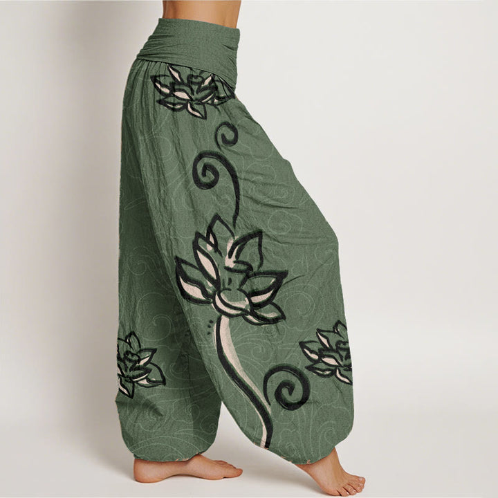 Pantalon sarouel décontracté en pur coton avec Buddha Stones et nuages de bon augure pour femme, taille élastique