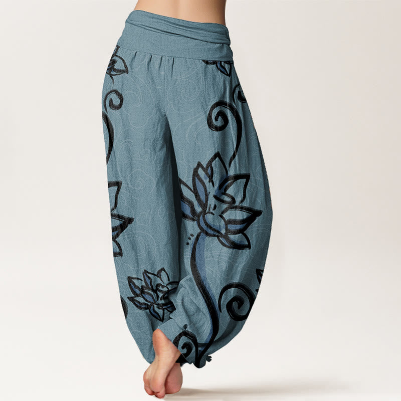Pantalon sarouel décontracté en pur coton avec Buddha Stones et nuages de bon augure pour femme, taille élastique